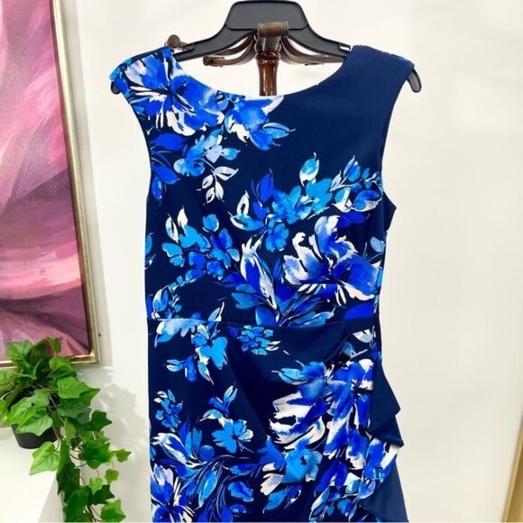 New Eliza J Boat Neck Cascade Ruffle Sheath Dress in Floral Print Size 8 - Picture 5 of 10